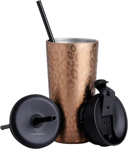 NORDAY Vaso con tapa y popote – Bloom 20oz – Vaso aislado de leopardo de oro rosa – Vaso de acero inoxidable – Taza de café de doble pared –