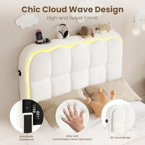 Miniatura 7 de CypBed Base de cama individual con cajones de almacenamiento y cabecero, base de cama LED tapizada de terciopelo para niños, marco de cama de metal