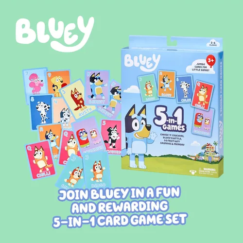 Miniatura 2 de Bluey Juego de Cartas 5 en 1, Juego para Niños Pequeños con Baraja de 53 Cartas de Tamaño Jumbo, Juegos de Cartas Interactivos Multicolor para Niños