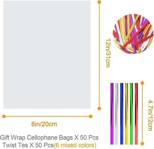 Miniatura 2 de 50 bolsas de celofán transparente para golosinas, 8 x 12 pulgadas, bolsas de celofán transparente con 6 colores surtidos para envolver regalos