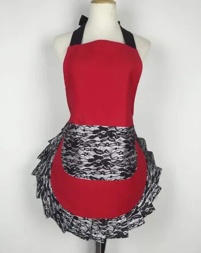 Miniatura 6 de Hyzrz Bonito delantal de encaje coqueto con bolsillo, divertido delantal retro sexy de cocina para mujeres y niñas (negro)