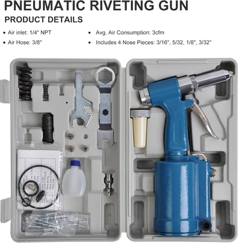 Miniatura 2 de Pistola de remache neumática, kit de herramientas de pistola remachadora resistente con boquillas de 3/16 pulgadas, 5/32 pulgadas, 1/8 pulgadas