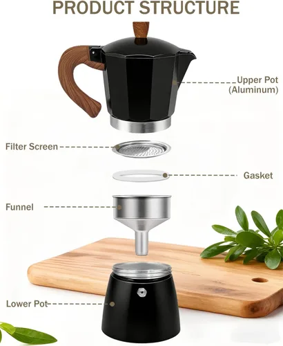 Miniatura 8 de Cafetera de café para estufa, cafetera de expreso de 3 tazas, olla de moka de aluminio, percolador de 5 oz 150 ml, fácil de preparar para estufas
