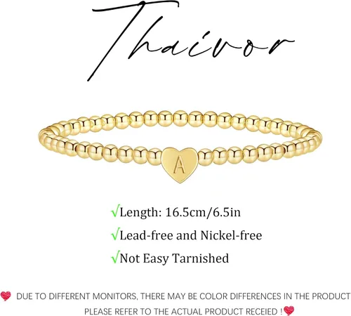Miniatura 4 de Pulseras de oro para mujer, chapados en oro de 14 quilates, con cuentas de corazón con letras de corazón, pulsera elástica con iniciales doradas