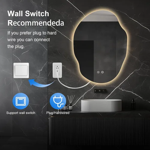 Miniatura 5 de Espejo de Baño LED Irregular con Luces, Espejo de Tocador de Baño LED Asimétrico para Pared con Retroiluminación, Antivaho, 3 Colores y Luz