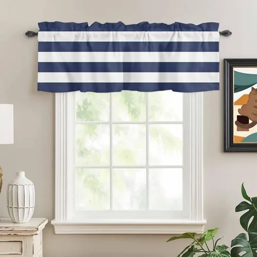 Miniatura 3 de Cortinas de cenefas a rayas blancas y azul marino para cocina, cafetería, cenefa de ventana de rayas modernas náuticas, cortinas cortas de 42 x 12