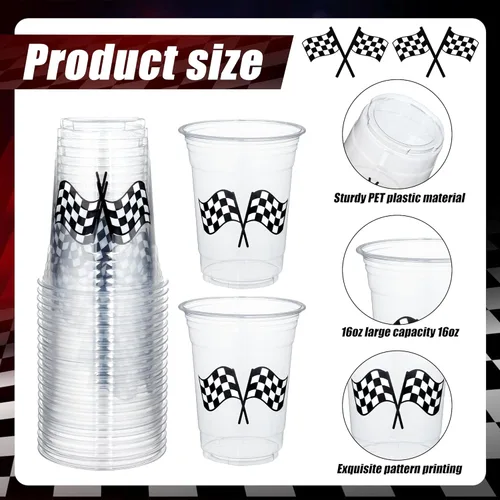 Miniatura 3 de peony man 50 vasos de plástico para fiestas de carreras a cuadros, de 16 onzas, color blanco y negro, con bandera a cuadros, vasos desechables
