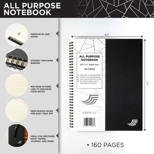 Miniatura 2 de Selarde - Cuaderno multiusos, tapa dura, 80 hojas/160 páginas con línea divisora de página media, papel de 8.5 x 11 pulgadas, 3.17 oz/m², Negro