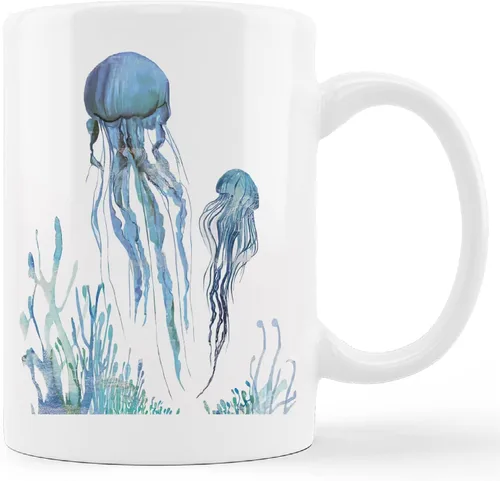 kunlisa Taza de cerámica de medusas de acuarela, taza de cerámica para parejas de medusas de vida marina, taza de té con leche de 11 onzas, regalos
