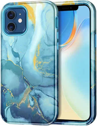 Miniatura 15 de Btscase para iPhone 12/iPhone 12 Pro, funda resistente de tres capas de mármol a prueba de golpes, cuerpo completo, PC duro + parachoques de TPU