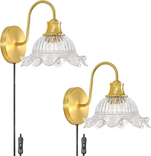 Juego de 2 apliques de pared con enchufe dorado cepillado, aplique vintage con pantalla de vidrio transparente de 7.9 pulgadas, lámpara de pared
