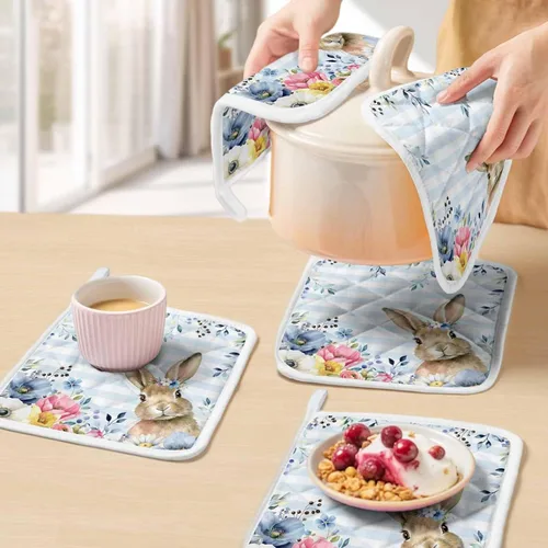 Miniatura 5 de 3 Packs Blue Easter Plaid Pot Holders Sets for Kitchen,Oven Pan Plate Bowl Pads Heat Proof Mat with Hanging Loop,Terry Cloth Potholders Soft Grip