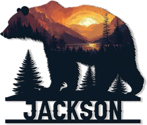 Miniatura 7 de Letrero personalizado de metal con diseño de oso, cartel colgante de oso para porche al aire libre, valla de pared con nombre personalizado, patio