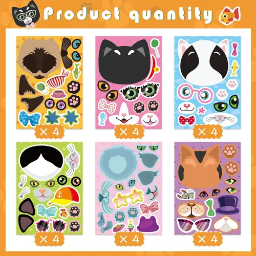 Miniatura 5 de 24 hojas de calcomanías de gatos, pegatinas para hacer caras, crea tus propias calcomanías de gatos, calcomanías de animales para niños, regalo
