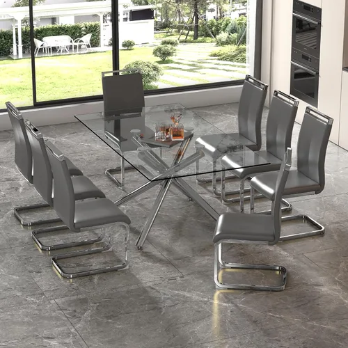 Miniatura 21 de Juego de 8 mesas de comedor de cristal, moderno juego de mesa de comedor de 71 pulgadas con 8 sillas de comedor tapizadas de piel sintética