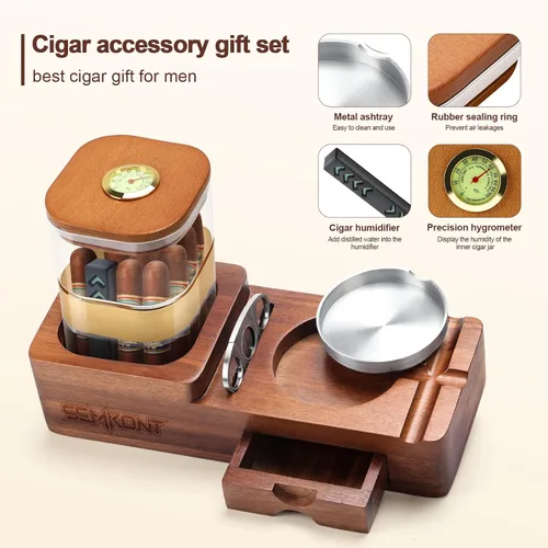 Miniatura 3 de Set de humidificador de puros y cenicero SEMKONT, bandeja de madera con frasco humidificador de acrílico, soporte para cortador, cajón, ranura