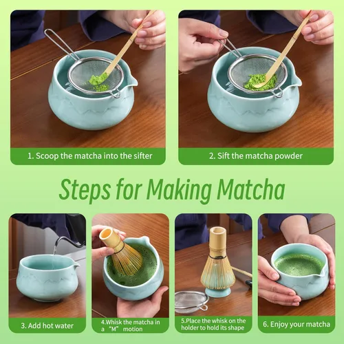 Miniatura 5 de TEANAGOO Juego de 7 batidores de matcha azul, juego de matcha de cerámica, kit de matcha para ceremonia, juego de té matcha para hacer