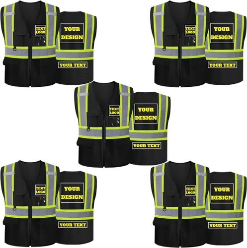 Miniatura 10 de Chaleco de seguridad reflectante de malla con logotipo personalizado Clase 2 con 5 bolsillos y cremallera Amarillo-5pack
