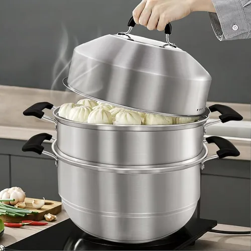 Miniatura 7 de MANO Olla Vaporera para Cocinar de 12.6 Pulgadas con Tapa, Olla Vaporera de Acero Inoxidable de 2 Niveles, Utensilios de Cocina Multiusos con Mango