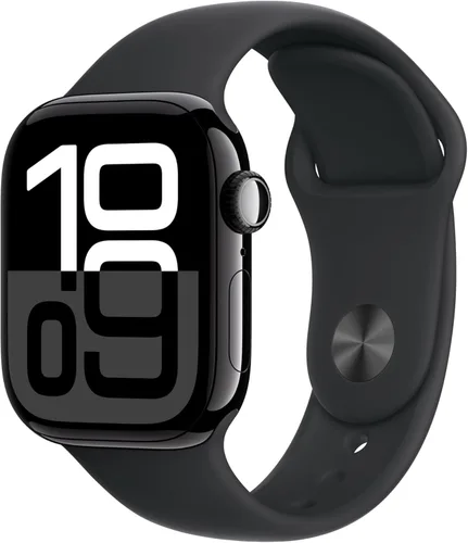 Apple Watch Series 10 [GPS 42 mm] Smartwatch con caja de aluminio negro brillante y correa deportiva negra - M/L. Rastreador de fitness, aplicación