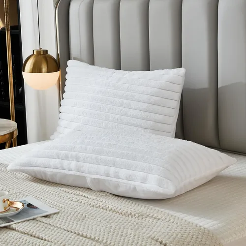 Miniatura 15 de Juego de 2 fundas de almohada para cama tamaño king, fundas de cojín rectangulares lumbares con diseño de rayas, forro de piel de conejo sintética