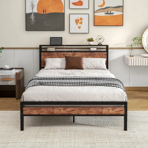 Miniatura 9 de HOJINLINERO Base de cama individual con cabecera de almacenamiento, plataforma de metal con estación de carga, no necesita somier, soporte de Roble