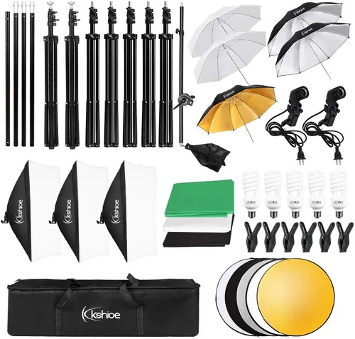 Miniatura 5 de Kit de iluminación para fotografía, juego de soporte para fondo de 6.5x10 pies/2x3 metros, kit de iluminación continua con paraguas Softbox de 1600