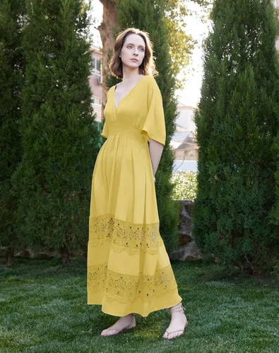 Miniatura 50 de Vestido largo de encaje para mujer de manga corta y cuello en V, vestido de fiesta estilo bohemio con cintura fruncida, vestido bohemio para mujer