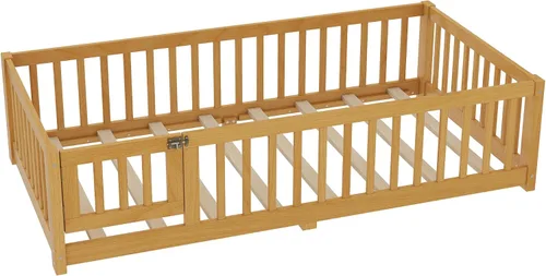 Miniatura 4 de SOFTSEA Montessori - Cama con puerta y barandillas, marco de cama baja de madera maciza con valla, no necesita somier, natural