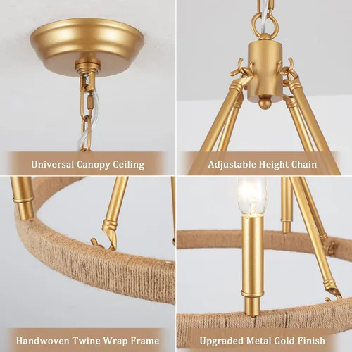 Miniatura 3 de Candelabro dorado de 24 pulgadas, 8 luces doradas para comedor, lámpara colgante redonda rústica para sala de estar, vestíbulo, entrada, techo alto