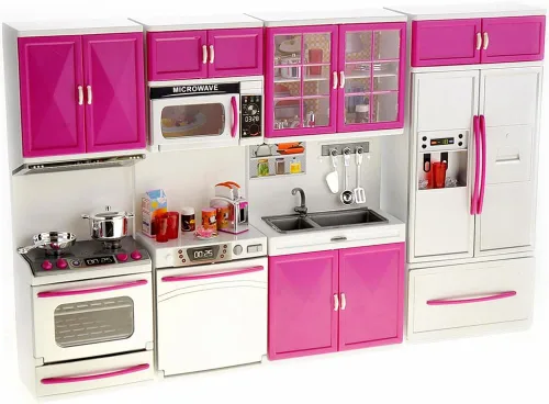 PowerTRC Juego de juguetes de cocina para muñecas, mini juguete moderno de cocina, juego de accesorios con luz y sonido realistas para niños