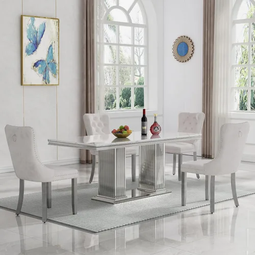Miniatura 12 de HomVent Juego de mesa de comedor moderna de mármol sintético para 4 personas, mesa de cocina rectangular con 4 sillas beige (dorado)