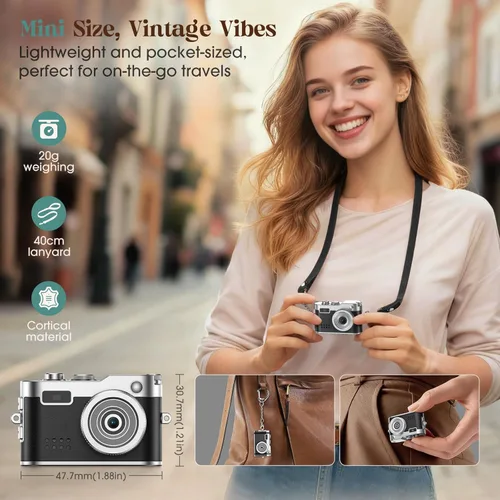 Miniatura 4 de HOTU Mini cámara digital, llavero 1080P HD con lente de 2MP, flash, grabación de video, tarjeta 32G incluida, cámara retro portátil y compacta
