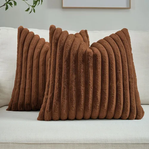 Miniatura 27 de FUTEI - Juego de 2 fundas de almohada decorativas con rayas, cuadradas, para invierno, piel sintética de conejo suave y acogedora y respaldo