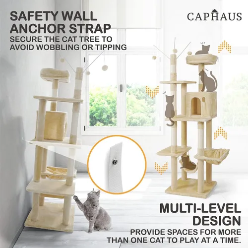 Miniatura 4 de CAPHAUS Torre de escalada alta moderna para juego en interiores para gatos grandes y gatitos, de 70 pulgadas con percha superior, casa cueva