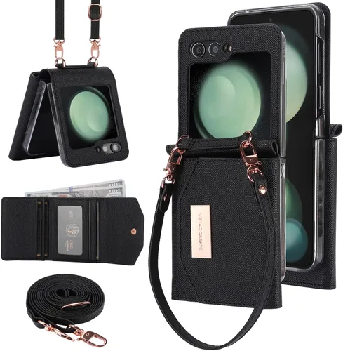 Funda tipo cartera para Samsung Galaxy Z Flip 5 con ranura de cuero integrada para efectivo y tarjetero de crédito. Correa de muñeca y protección de