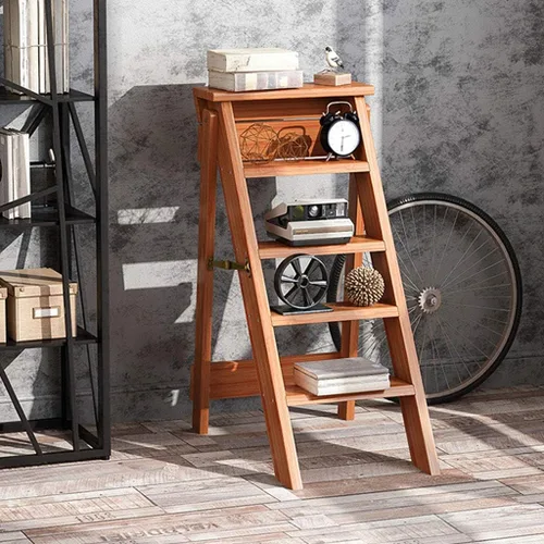 Miniatura 6 de Escalera de madera de 5 niveles, taburete plegable para el hogar, estante de almacenamiento multiusos para flores, escalera de escalera