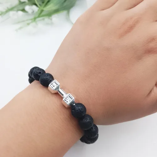 Miniatura 16 de Pulsera de mancuernas negra hecha a mano, para gimnasio, hermanos, fitness, piedra volcánica, piedra de lava volcánica, ajustable, pulsera