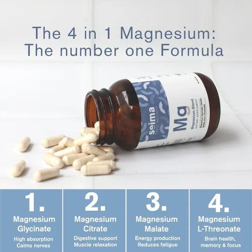 Miniatura 2 de SEIMA - Complejo de magnesio 4 en 1 – 1200 mg con glicinato, citrato, L-treonato y malato – sueño, alivio del estrés, recuperación muscular, energía