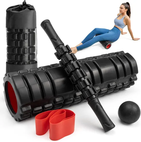Krightlink Juego de rodillos de espuma 5 en 1, barra de rodillo de masaje, bola de masaje, banda de resistencia para masaje muscular profundo,