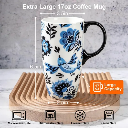 Miniatura 7 de Topadorn Taza de Café de Cerámica de Viaje con Tapa y Caja de Color, 17oz Termo de Café Apto para Microondas y Lavavajillas, Pájaro Azul