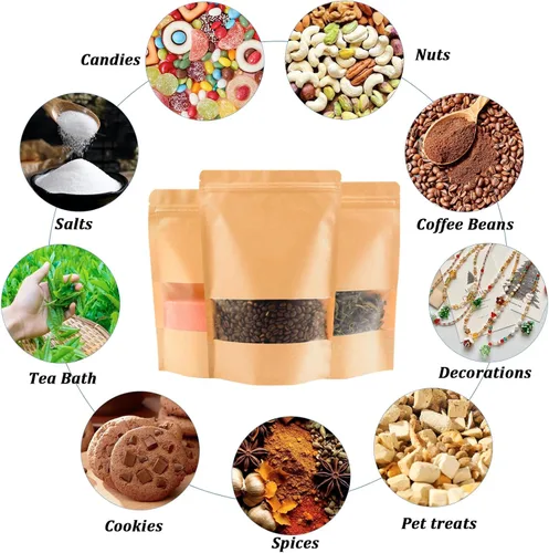 Miniatura 4 de 100 bolsas de papel kraft con ventana (3.6 x 5.5 pulgadas), bolsas de papel resellables para almacenamiento de alimentos, bolsa de regalo