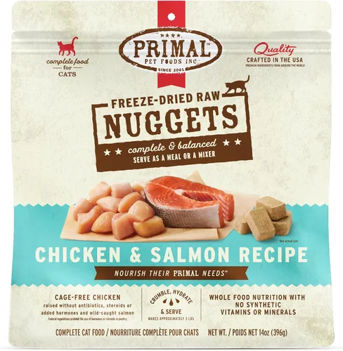 Primal Nuggets de Comida Cruda Liofilizada para Gatos Pollo y Salmón, Comida Completa y Equilibrada o Topper, Premium, Saludable, Sin Granos, Comida