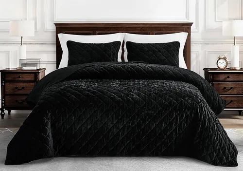 Miniatura 2 de Chezmoi Collection Lux - Juego de edredón de terciopelo negro extra grande, ropa de cama de terciopelo envejecido de 3 piezas para todas