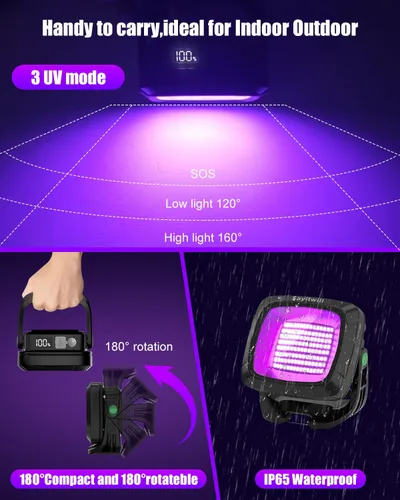 Miniatura 4 de Luz Negra Recargable, Luz Negra Alimentada por Batería de 6000 mAh, Luz de Inundación Ultravioleta Portátil Sin Cable de 395 nm para Fiesta