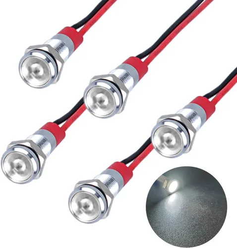 Miniatura 20 de 5Pcs 12V-24V Luz indicadora LED de ahorro de energía Montaje de orificio 8mm (1/3") 20mA Señal de lámpara de cabeza plana ancha impermeable piloto