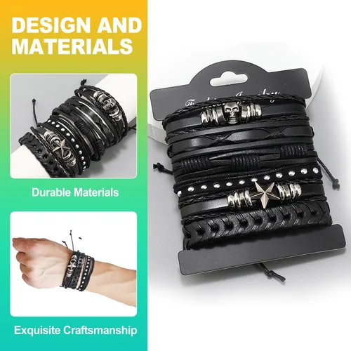 Miniatura 3 de Paquete de 6 pulseras punk góticas y emo, pulseras ajustables de cuero con tachuelas
