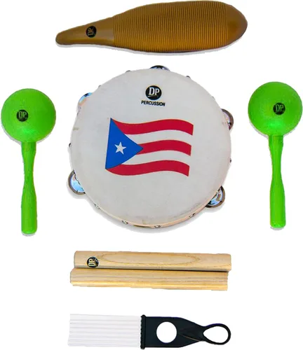 Miniatura 2 de DP Music Parranda Kit de percusión con bolsa de transporte, pandereta de bandera de Puerto Rico de 8 pulgadas, claves, Güiro y Maracas de plástico
