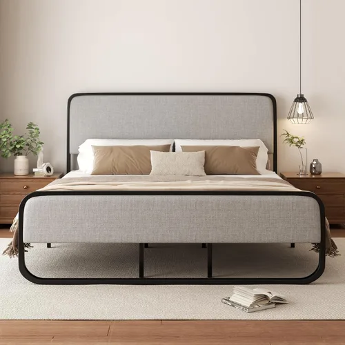 Miniatura 14 de Sismplly Base de cama tapizada de tamaño matrimonial con cabecero y estribo curvos, listones de metal resistente, almacenamiento debajo de la cama
