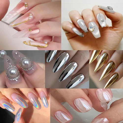 Miniatura 4 de Kit de polvo de uñas cromado con dijes de perlas de parte trasera plana, brillo de uñas cromado plateado, polvo de uñas cromado dorado para diseño